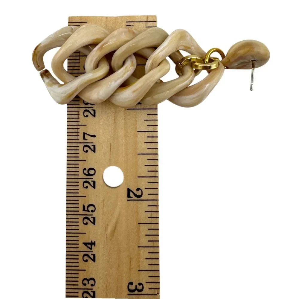 Alisha D Chunky Chain Earrings Made Italy Beige Marble Acrylic Gold Tone